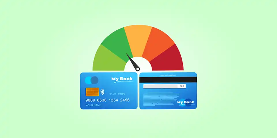credit score meter shown alongside a credit card