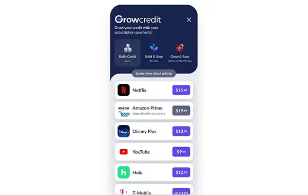app preview of the grow credit app showing streaming services